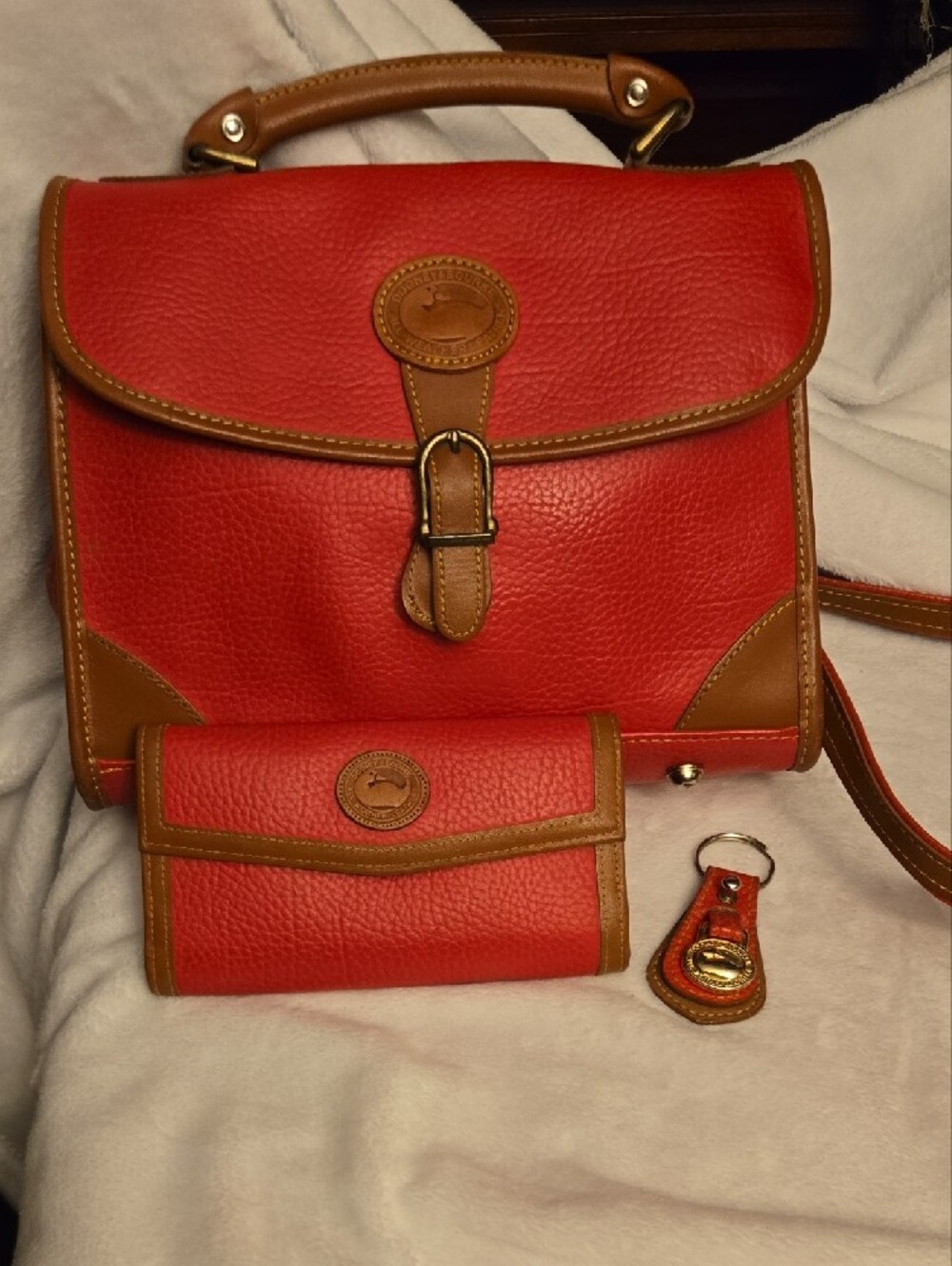 Dooney & Bourke Red Leather Satchel/Purse Set with Brown Trim - Picture 7 of 15
